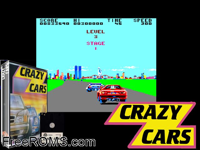Crazy Cars (UK) (1988) Amstrad CPC game showing 3D box cover and gameplay screenshot