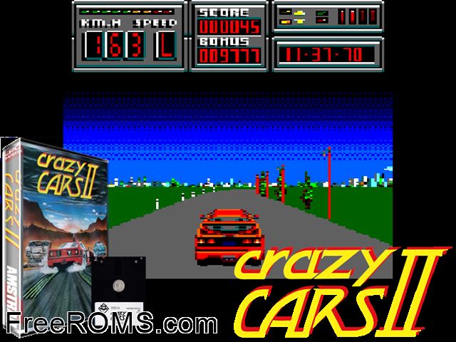 Crazy Cars 2 (UK) (1989) Amstrad CPC game showing 3D box cover and gameplay screenshot
