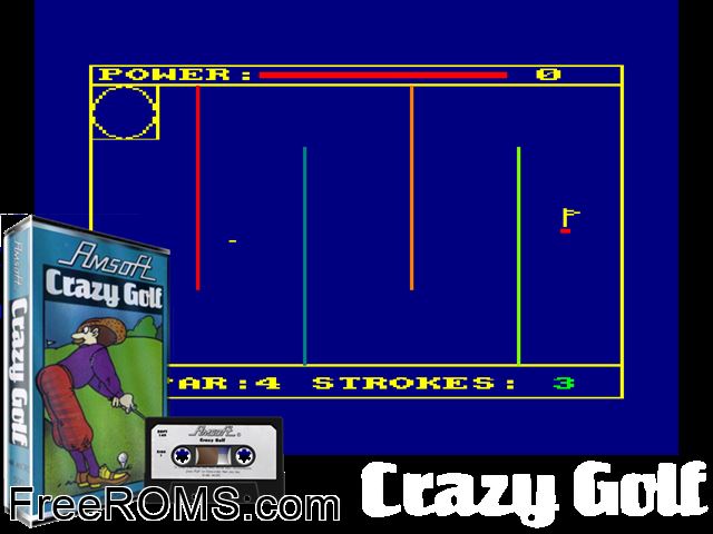 Crazy Golf (UK) (1984) Amstrad CPC game showing 3D box cover and gameplay screenshot