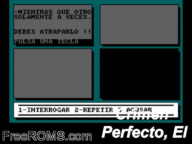 Crimen Perfecto, El (UK) (1987) Amstrad CPC game showing 3D box cover and gameplay screenshot