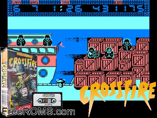 Crossfire (UK) (19xx) Amstrad CPC game showing 3D box cover and gameplay screenshot