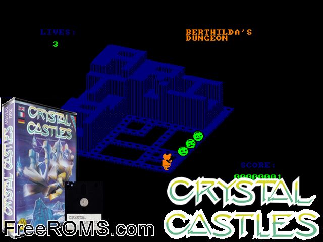 Crystal Castles (UK) (1986) Amstrad CPC game showing 3D box cover and gameplay screenshot