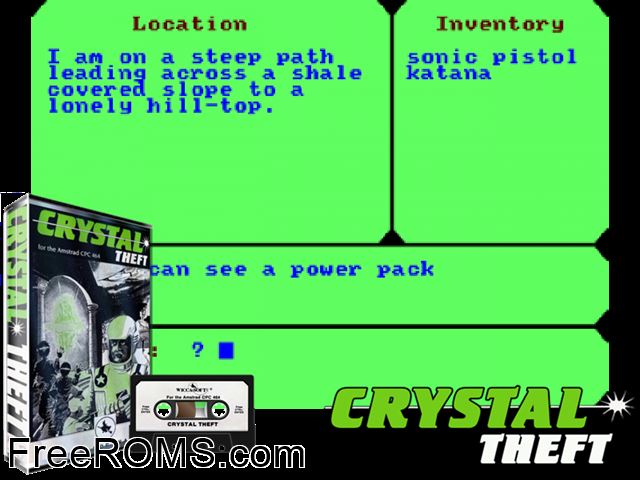 Crystal Theft (UK) (1984) Amstrad CPC game showing 3D box cover and gameplay screenshot