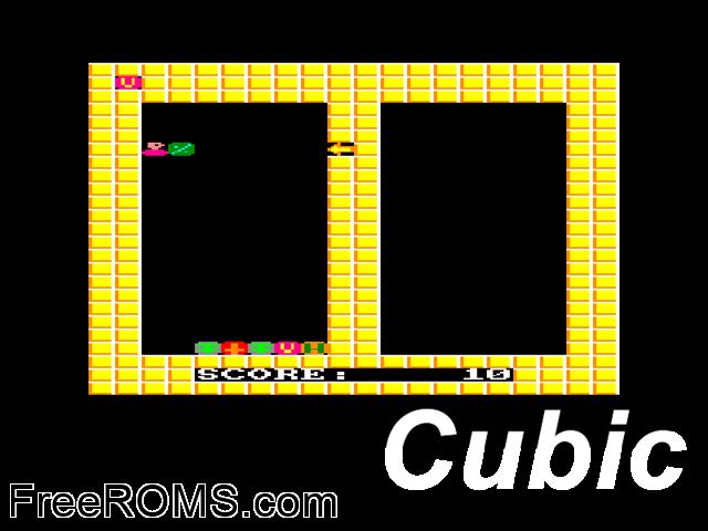 Cubic (UK) (1997) (PD) Amstrad CPC game showing 3D box cover and gameplay screenshot