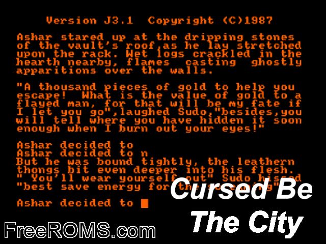Cursed Be The City (UK) (1987) Amstrad CPC game showing 3D box cover and gameplay screenshot