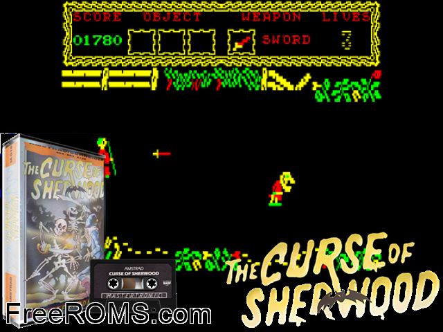 Curse of Sherwood, The (UK) (1987) Amstrad CPC game showing 3D box cover and gameplay screenshot