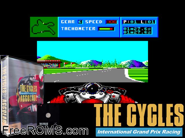 Cycles, The (UK) (1989) Amstrad CPC game showing 3D box cover and gameplay screenshot