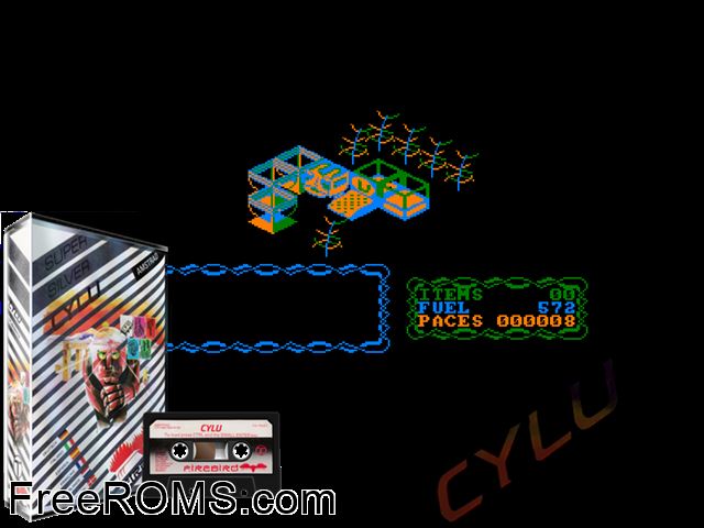 Cylu (UK) (1985) Amstrad CPC game showing 3D box cover and gameplay screenshot