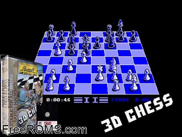 Cyrus II Chess (UK) (1985) Amstrad CPC game showing 3D box cover and gameplay screenshot