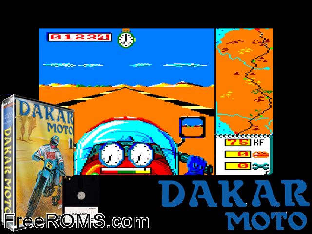 Dakar Moto (F) (1987) Amstrad CPC game showing 3D box cover and gameplay screenshot