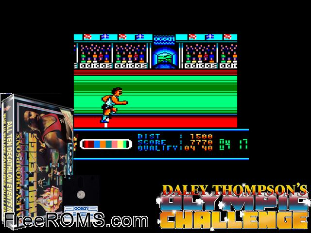 Daley Thompson's Olympic Challenge (UK) (1988) Amstrad CPC game showing 3D box cover and gameplay screenshot
