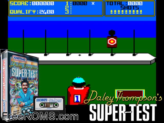 Daley Thompson's Supertest (UK) (1986) Amstrad CPC game showing 3D box cover and gameplay screenshot