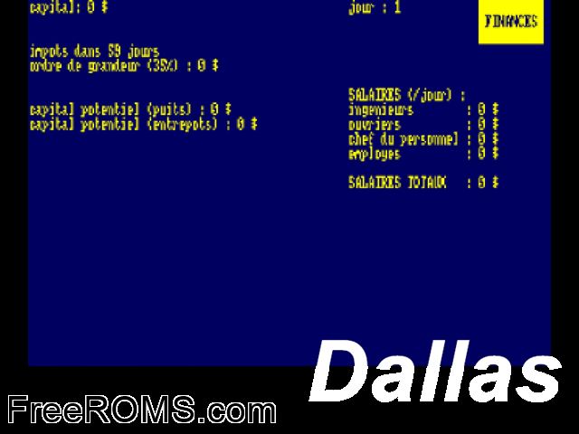 Dallas (F) (1984) Amstrad CPC game showing 3D box cover and gameplay screenshot