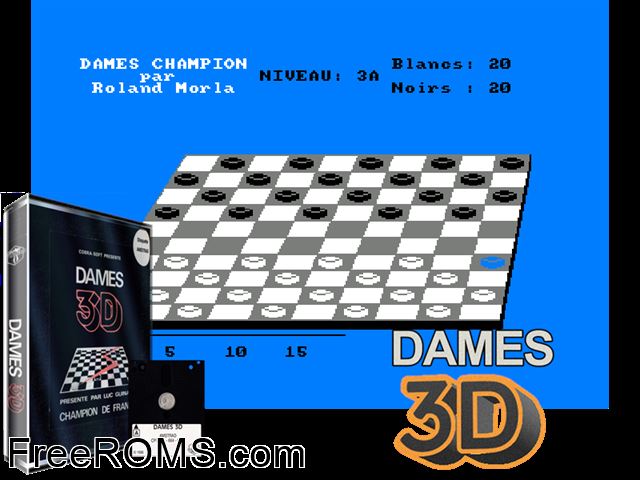 Dames 3D Champion (F) (1987) Amstrad CPC game showing 3D box cover and gameplay screenshot