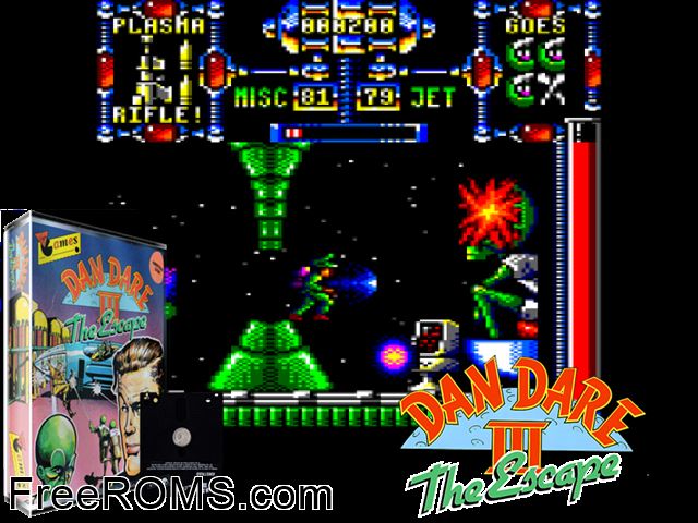 Dan Dare 3 (UK) (1990) Amstrad CPC game showing 3D box cover and gameplay screenshot