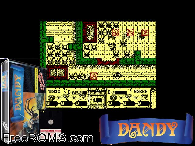 Dandy (UK) (1987) Amstrad CPC game showing 3D box cover and gameplay screenshot