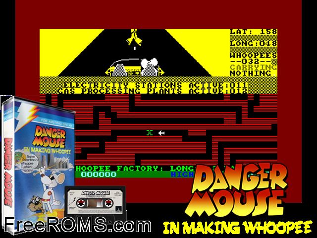 Danger Mouse - Makin' Whopee (UK) (1985) Amstrad CPC game showing 3D box cover and gameplay screenshot