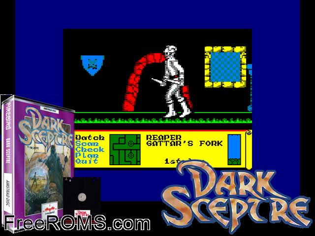 Dark Sceptre (UK) (1988) Amstrad CPC game showing 3D box cover and gameplay screenshot