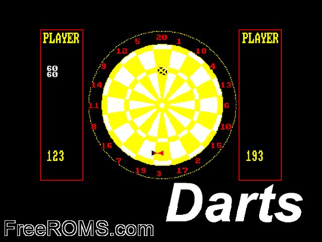 Darts (UK) (1986) Amstrad CPC game showing 3D box cover and gameplay screenshot