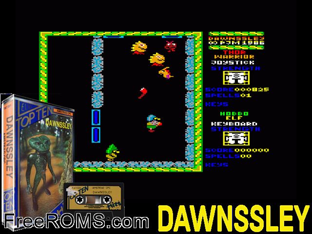 Dawnssley (UK) (1986) Amstrad CPC game showing 3D box cover and gameplay screenshot