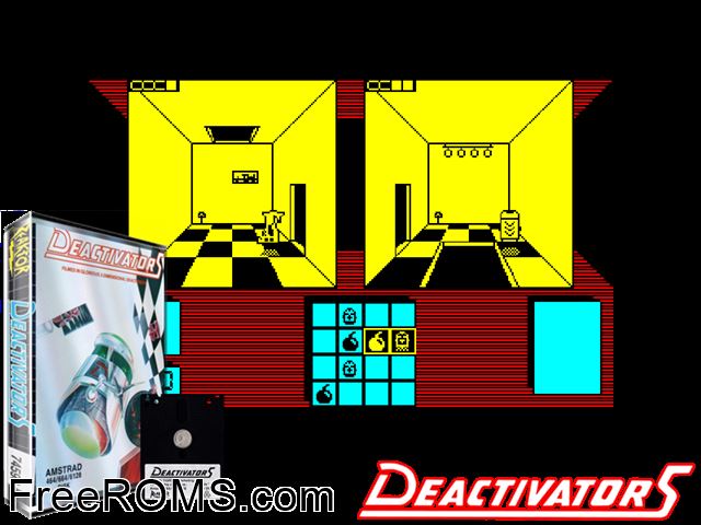 Deactivators (UK) (1986) Amstrad CPC game showing 3D box cover and gameplay screenshot