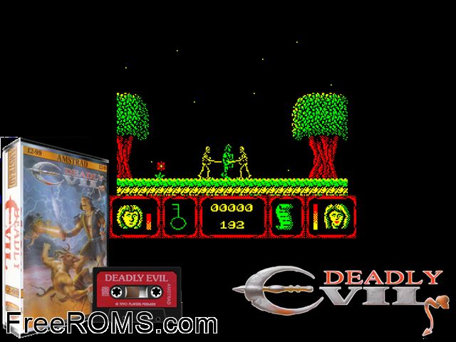 Deadly Evil (UK) (1990) Amstrad CPC game showing 3D box cover and gameplay screenshot