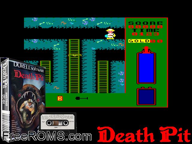 Death Pit (UK) (1985) Amstrad CPC game showing 3D box cover and gameplay screenshot