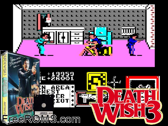 Death Wish 3 (UK) (1987) Amstrad CPC game showing 3D box cover and gameplay screenshot