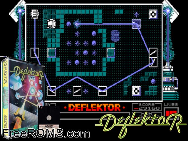 Deflektor (UK) (1987) Amstrad CPC game showing 3D box cover and gameplay screenshot