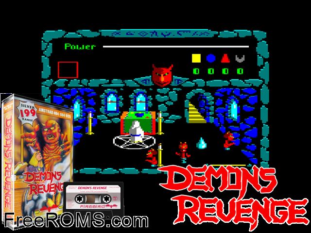 Demons Revenge (UK) (19xx) Amstrad CPC game showing 3D box cover and gameplay screenshot