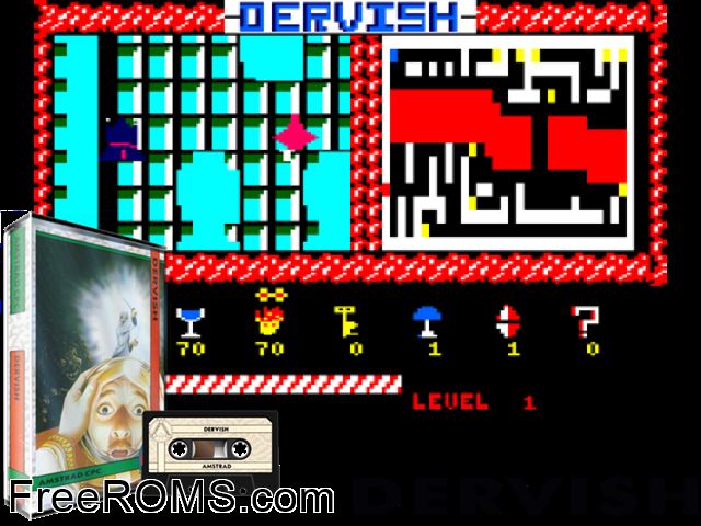 Dervish (UK) (1989) Amstrad CPC game showing 3D box cover and gameplay screenshot