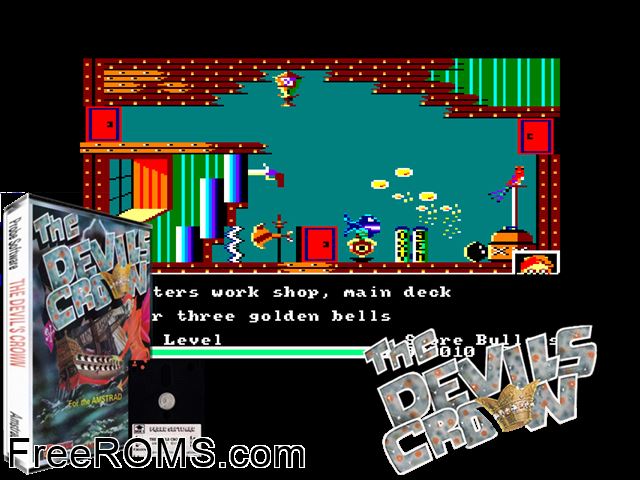 Devil's Crown, The (UK) (1985) Amstrad CPC game showing 3D box cover and gameplay screenshot
