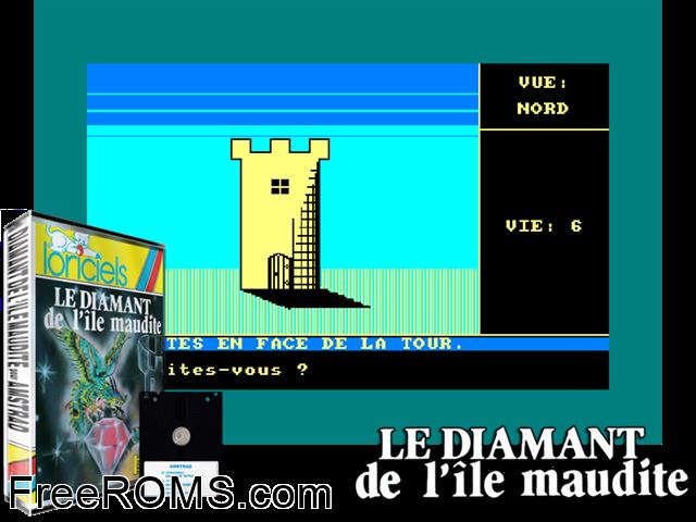 Diamant De L'ile Maudite, Le (F) (1985) Amstrad CPC game showing 3D box cover and gameplay screenshot