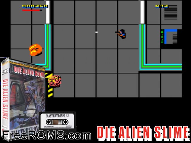 Die Alien Slime (UK) (1989) Amstrad CPC game showing 3D box cover and gameplay screenshot