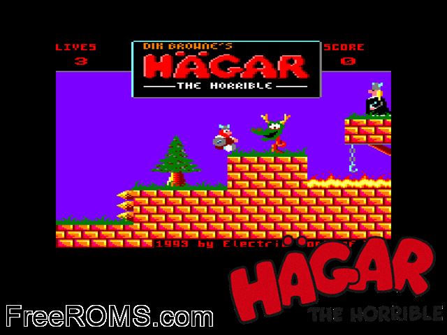 Dik Browne's Hagar - The Horrible (UK) (1993) Amstrad CPC game showing 3D box cover and gameplay screenshot