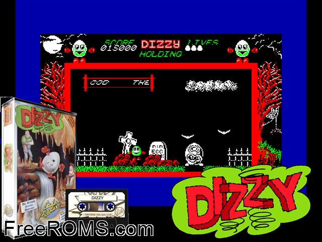 Dizzy - Ultimate Cartoon Adventure (UK) (1988) Amstrad CPC game showing 3D box cover and gameplay screenshot