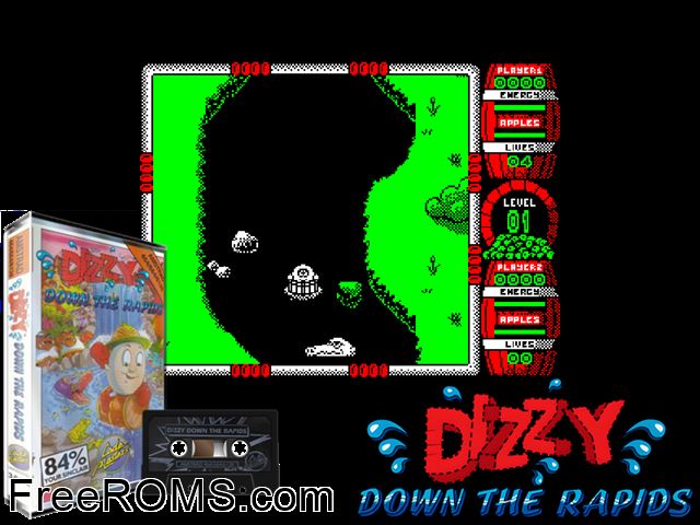 Dizzy Down The Rapids (UK) (1991) Amstrad CPC game showing 3D box cover and gameplay screenshot
