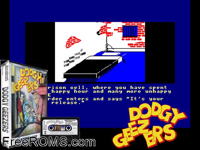 Dodgy Geezers (UK) (1986) Amstrad CPC game showing 3D box cover and gameplay screenshot