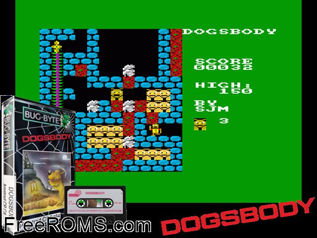 Dogs Body (UK) (1985) Amstrad CPC game showing 3D box cover and gameplay screenshot