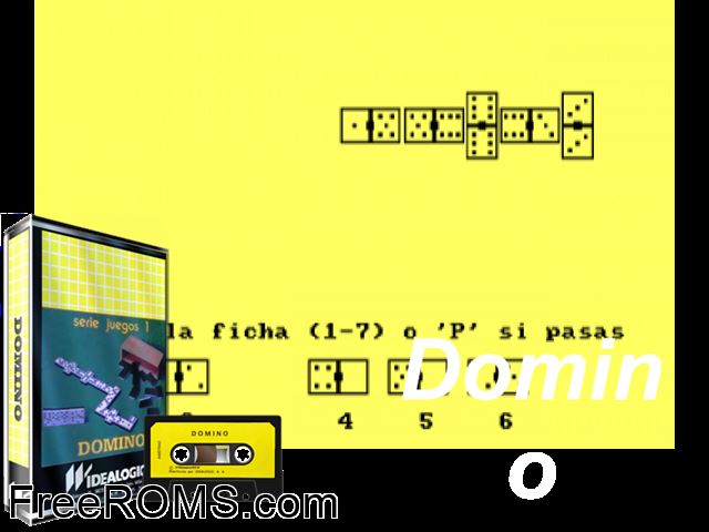 Domino (S) (1985) Amstrad CPC game showing 3D box cover and gameplay screenshot