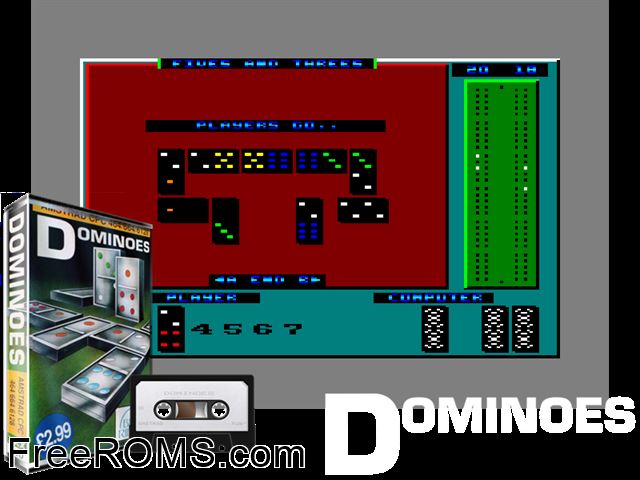Dominoes (UK) (19xx) Amstrad CPC game showing 3D box cover and gameplay screenshot