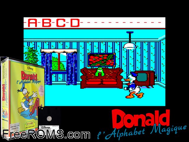 Donald Alphabet Chase (UK,F,G,S,I) (19xx) Amstrad CPC game showing 3D box cover and gameplay screenshot