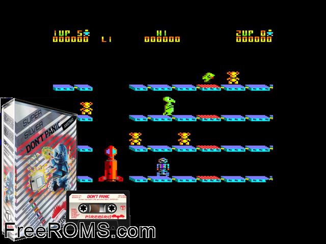 Don't Panic (UK) (1985) Amstrad CPC game showing 3D box cover and gameplay screenshot