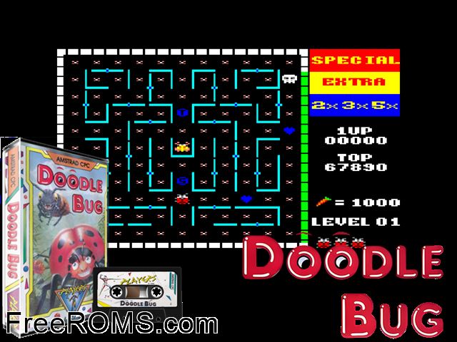 Doodle Bug (UK) (1987) Amstrad CPC game showing 3D box cover and gameplay screenshot