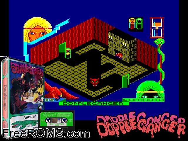 Doppleganger (UK) (1985) Amstrad CPC game showing 3D box cover and gameplay screenshot