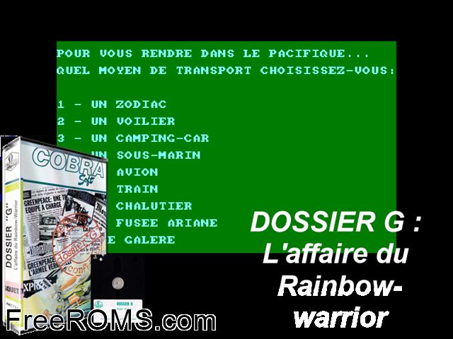 Dossier G - Rainbow Warrior (F) (1985) Amstrad CPC game showing 3D box cover and gameplay screenshot