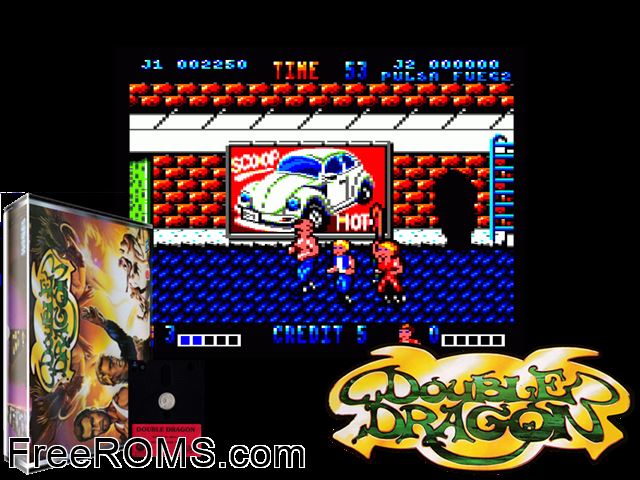 Double Dragon (UK) (1989) Amstrad CPC game showing 3D box cover and gameplay screenshot