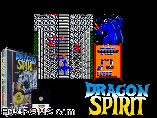 Dragon Spirit (UK) (1989) Amstrad CPC game showing 3D box cover and gameplay screenshot