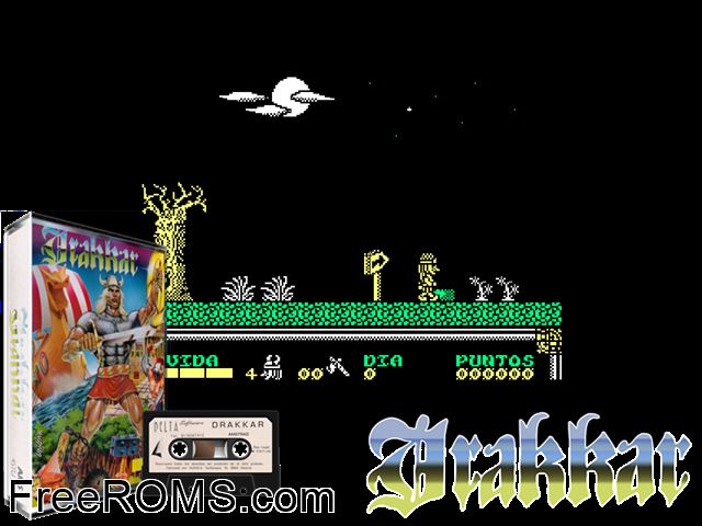 Drakkar (S) (1989) Amstrad CPC game showing 3D box cover and gameplay screenshot