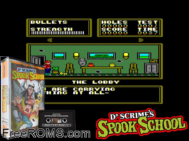 Dr Scrimes Spook School (UK) (1988) Amstrad CPC game showing 3D box cover and gameplay screenshot